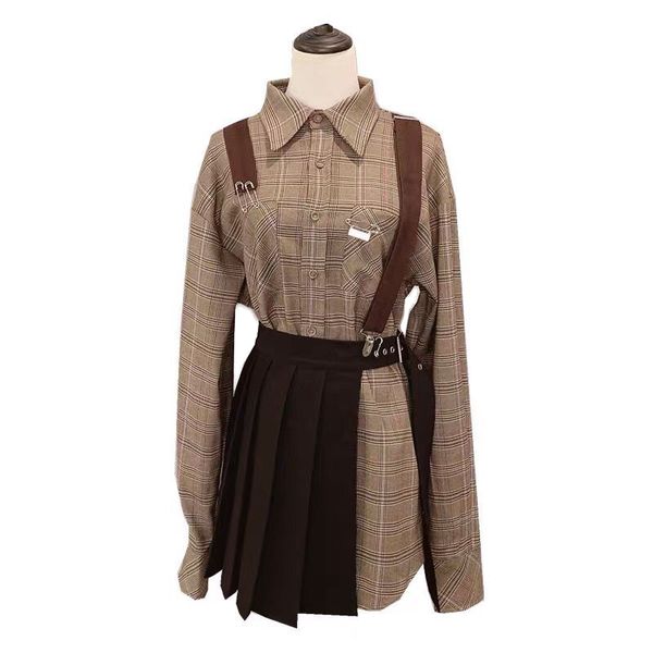 

casual dresses vinatge summer pleated plaid dress women autumn korean shirt two piece for streetwear plus size vestidos, Black;gray