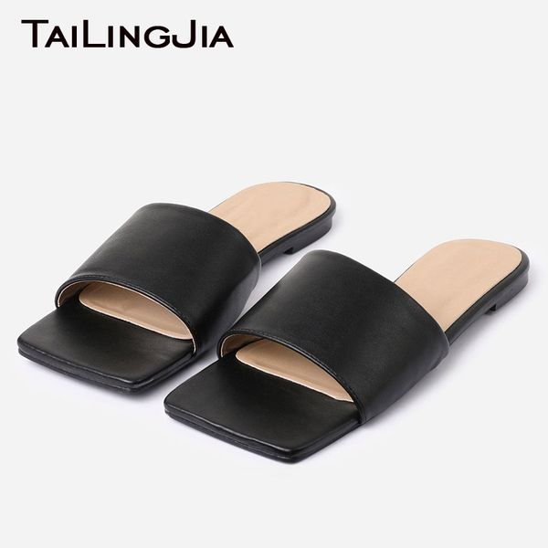 

sandals flat square toe slides for women 2021 black white pu leather ladies casual slippers large size mules beach shoes
