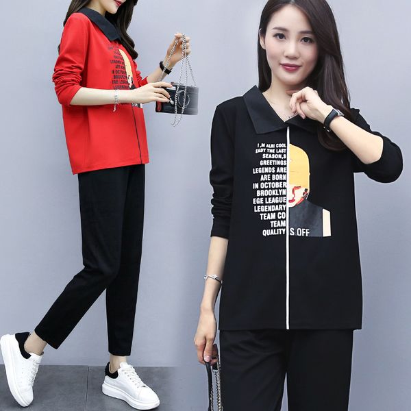

spring yards hoodies sweatshirt casual pants printing two-piece suit leisure big size l -5xl korean fashion, Black
