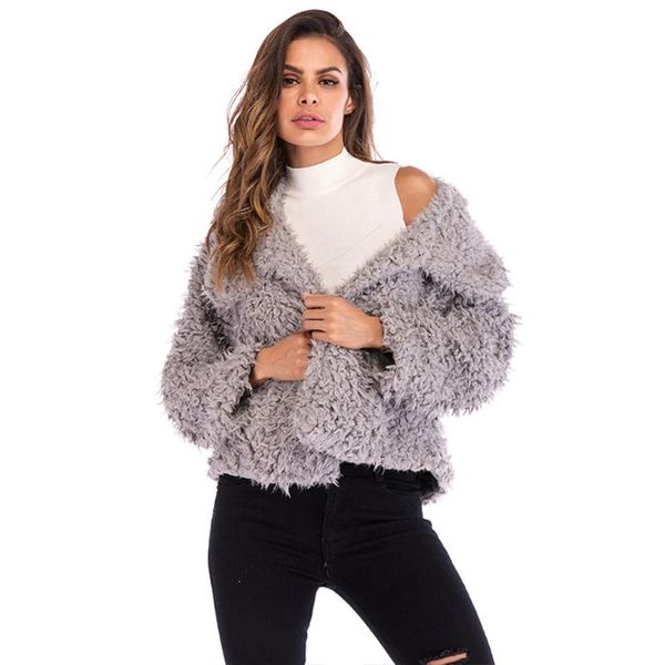 

daily long sleeve soft solid holiday with pocket turndown collar work warm autumn winter casual faux fur women coat fluffy, Black