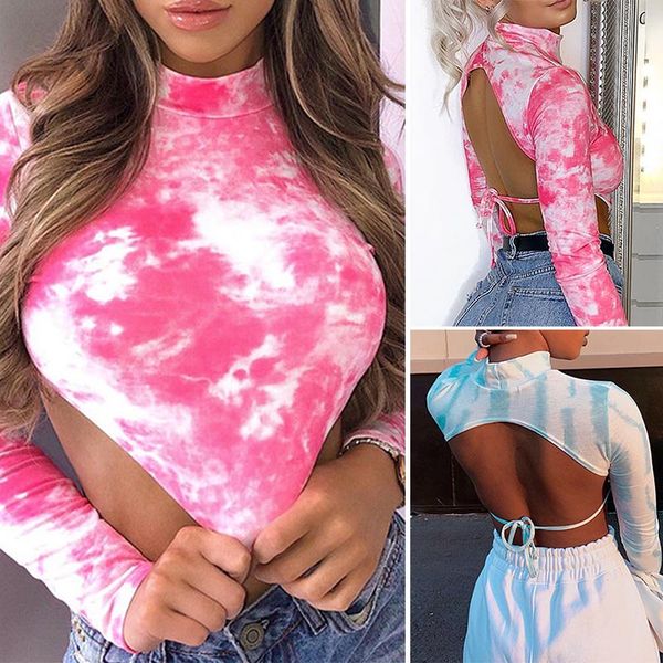 

women's tie dye backless bandage crop girl chic turtleneck long sleeve streetwear, White