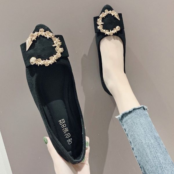 

selling ladies plush surface peas shoes elegent mature women loafers luxury metal decoration pointed toe flats h14-51, Black