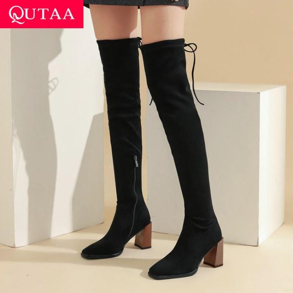 

qutaa 2021 square высокий каблук над коленом boots pu flock площади toe женская обувь зимняя узелок на молнии длинные сапоги большого размер, Black