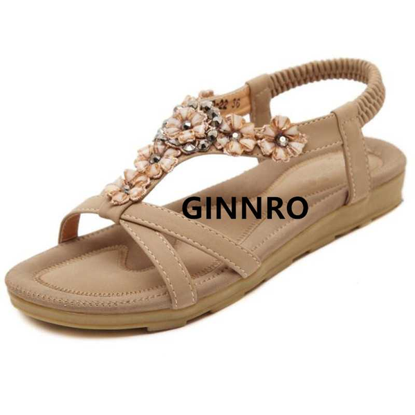 

ginnro 2020 большие size35-42 летняя обувь женщина bohemia цветы горный хрусталь пляж женская обувь удобный плоский каблук сандалии женщины, Black