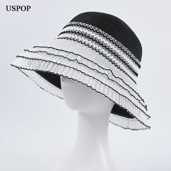 

uspop fashion straw hat lace brim sun hats white brim beach hat patchwork straw sun hats, Blue;gray