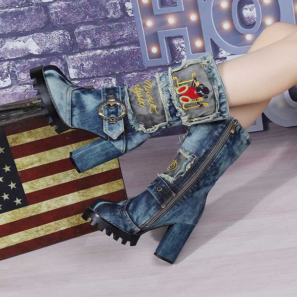 

winter high-heeled beaded boots denim blue rough heel british style short plush middle tube canvas denim women shoes size 42, Black