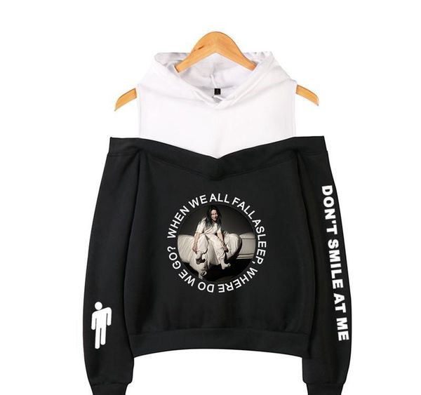 

new women hoodies kpop billie eilish printing women fashion hooded off-shoulder hoodies sweatshirt women clothes045, Black