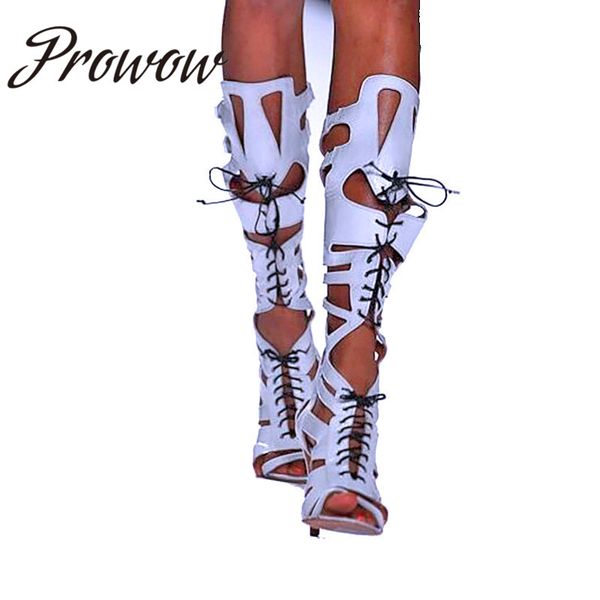 

new runway fashion gladiator lace up knee high sandals buckle strap thin high heel sandals shoes women, Black