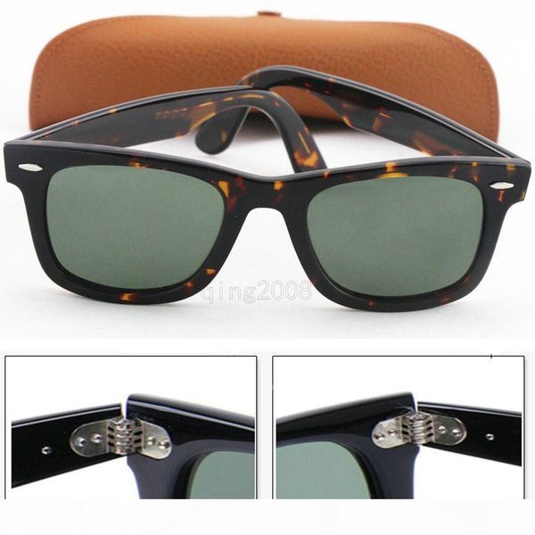 

brand designer classic tortoise metal frame green sunglasses for women men 50mm green glass lens with leather box, White;black