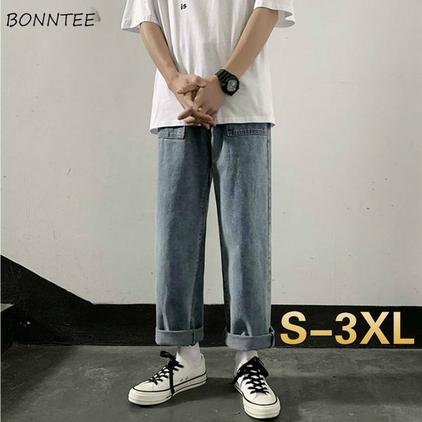 

men jeans retro straight loose korean-style trendy ankle-length all-match washed denim trousers mens leisure simple street-wear, Blue