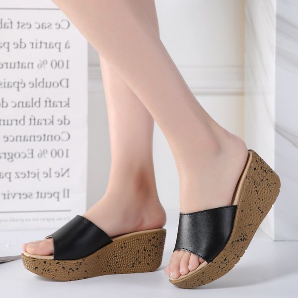 

quality real-leather woman wedges sandals platform slippers ladies high heels women summer shoes sapato feminino mujer pumps open toe, Black