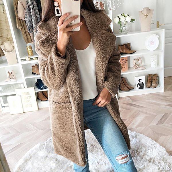 

solid faux fur coat women 2020 autumn new winter pocket coat warm soft fur jacket female plush overcoat casual outwear, Black