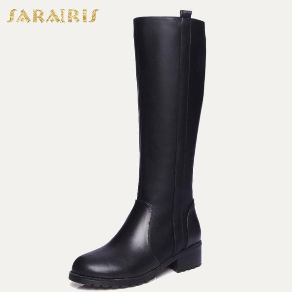 

sarairis brand new 2020 big size 33-44 genuine leather chunky heels cow leather winter plush shoes women knee high riding boots, Black