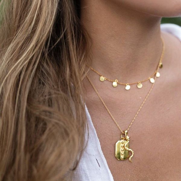 

boho vintage snake wafer multilayer necklaces for women ladies metal geometric pendant necklace party jewelry collares gifts, Silver