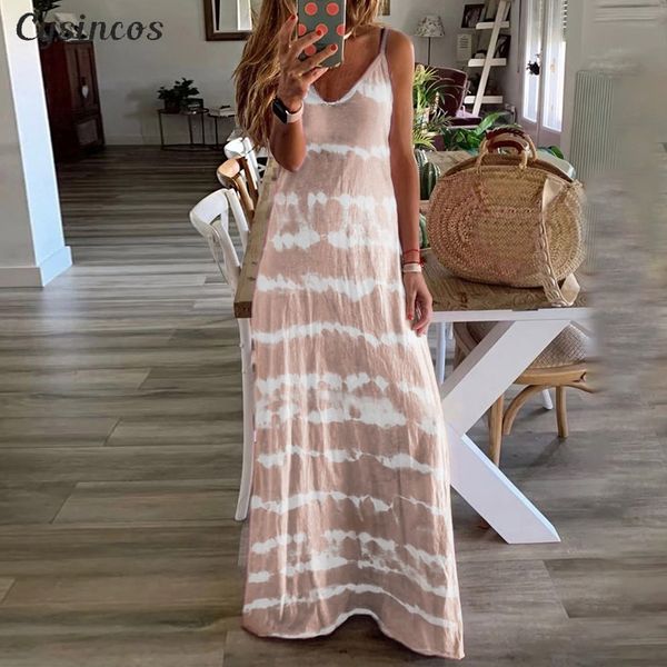 

cysincos women summer v-neck long dress print spaghetti strap sleeveless boho beach casual loose a-line plus size dresses, Black;gray