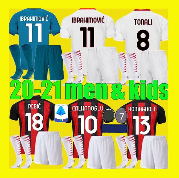 

boys ac 2020 2021 milan ibrahimovic soccer jerseys set 19 20 21 piatek paqueta theo rebic football shirts men kids kits uniforms, Black