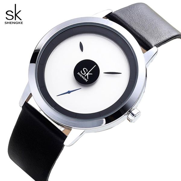 

shengke women watches creative design waterproof men casual rotate dial pointer two size couples quartz wristwatch 8051, Slivery;brown