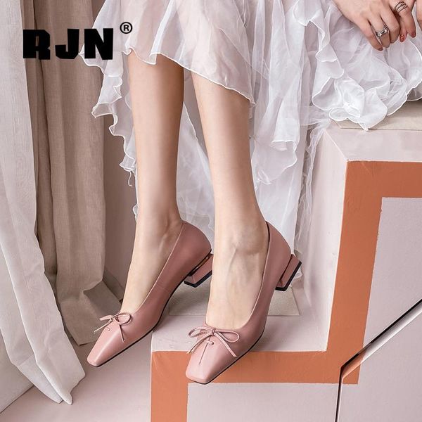 

rjn autumn elegant pumps butterfly-knot decoration classic little square toe low-heel shoes women genuine leather pumps ro281, Black