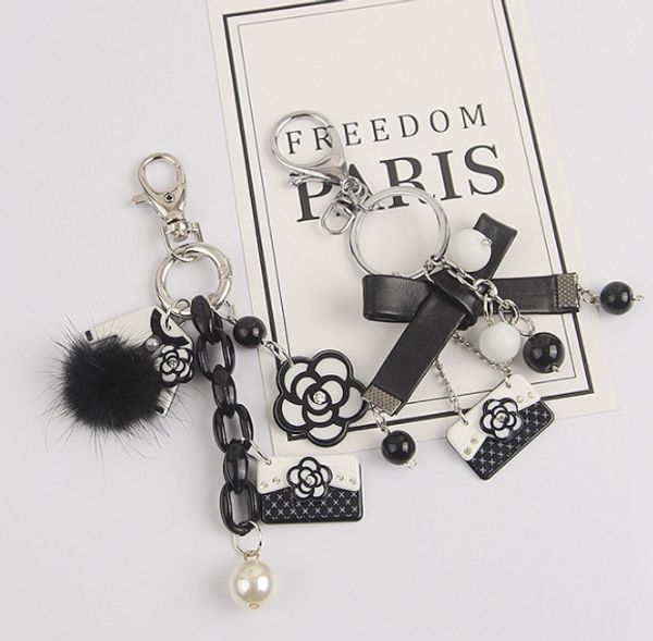 

korean fashion pearl camellia chain bowknot keychain key ring classic handmade keychian black and white bag decoration pendant, Silver