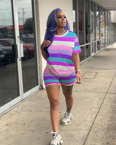 

designer clothing sets summer fashion 2pcs suits sports casual rainbow strip two piece set women tracksuits, Gray