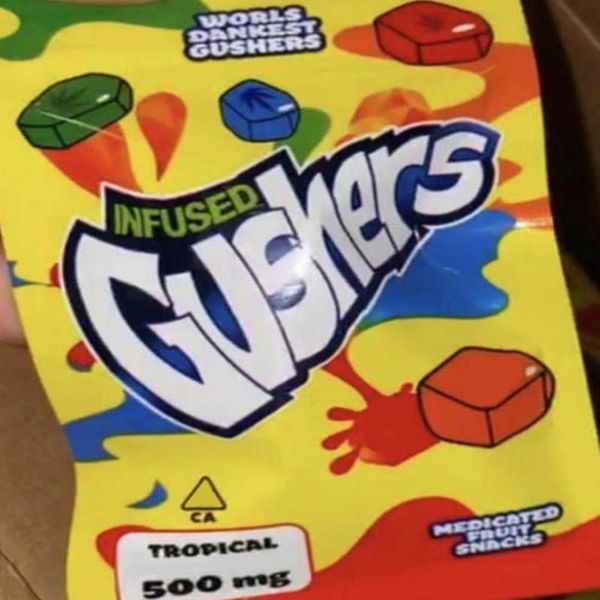 

sour edibles myl gummies tropical medicated tropical flavors fruit worlds gusher 500mg gushers snack green bag candy packaging dankest ubuoe