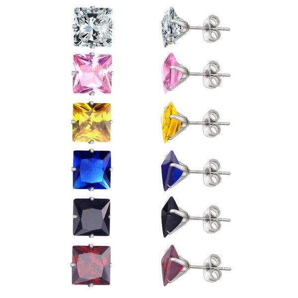 

luxukisskids 6pairs/box cz stainless steel stud earrings 2020 square crytal 3/5/7mm size mix color earings arete brinco piercing, Golden;silver