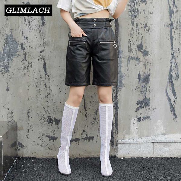 

women's pants & capris real leather half length pant women high waist genuine straight short trousers ladies black casual zipper street, Black;white