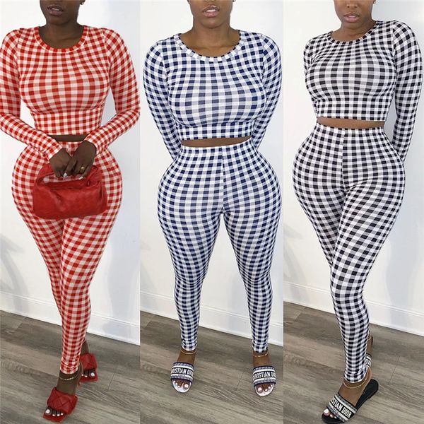 

dropshipping autumn ladies designer sports style suits skinny plaid printed long sleeve trousers suit womens clothing 2 piece set, White