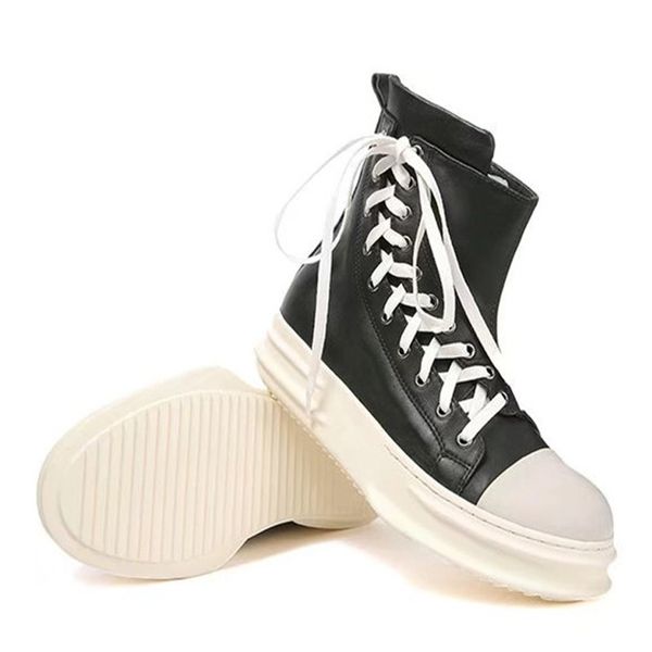 

new gothic mens hip hop lace up thick platform shoes high sneakers genuine leather winter fleece lining casual ankle boots, Black