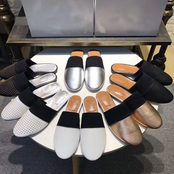 

leather alphabet l cartoon slippers rivet baotou flat soled slippers luxury designer leisure slippers soft leather woman shoes size 42, Black