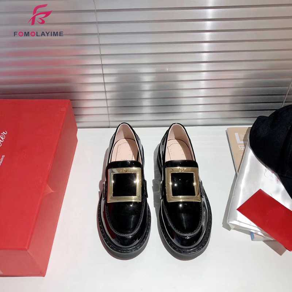 

2020 new leather shoes female british black summer all-match square buckle single shoes leather platform patent