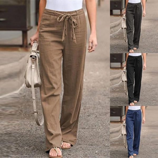 

plus size pants for women solid color high waist belted wide leg pants trousers cotton line women long straight trousers, Black;white