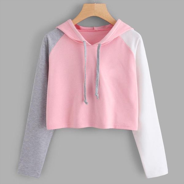 

цвет блок женщины crop hoodie толстовка подростки девушка пуловер streetwear весна осень с длинным рукавом hoody рубашка блузка, Black