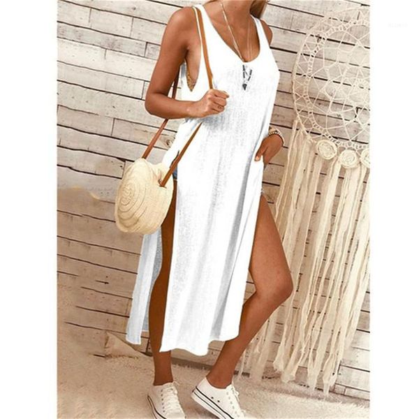 

dress womens solid color fashion slit dress summer sleeveless loose short sleeve roun neck, Black;gray