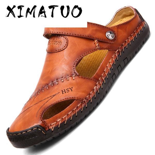 

classic mens sandals summer genuine leather male beach sandals soft comfortable male outdoor beach slippers slip-on man sandals, Black