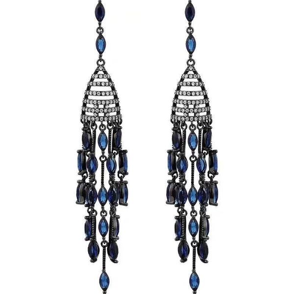 

s925 silver needle dark blue tassel earrings black luxury color diamond earrings electroplating 18k gold high-end temperament