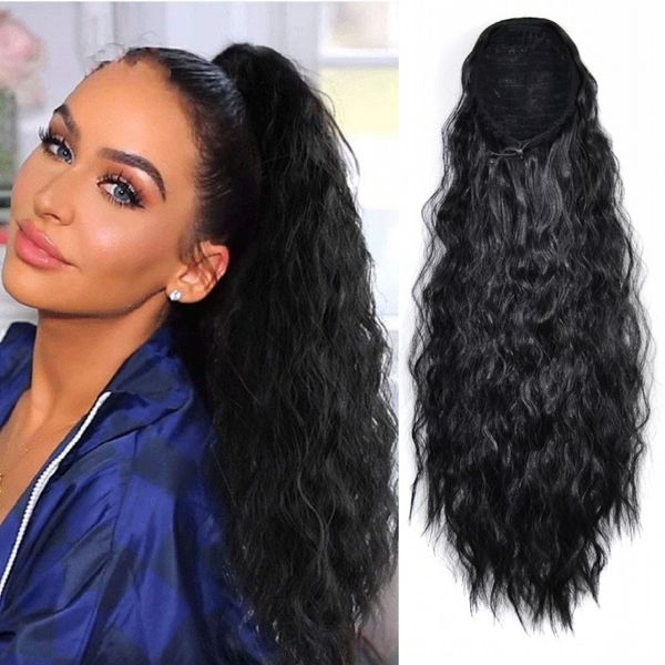 

lady kinky curly ponytail hair extension lastic mesh drawstring design clip in hair piece horsetail pony tail extensions 55cm,22inch, Black