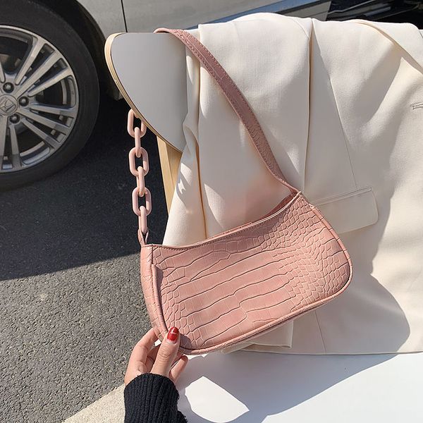 

fashion baguette handbag for women pu leather acrylic chain ladies armpit shoulder messenger bags vintage female clutch purse