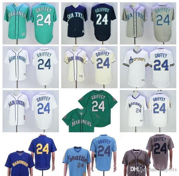 

mariners men women kids seattle baseball jersey 24 ken griffey jr vintage green navy blue blue beige grey stitched flexbase 2016 cool base, Blue;black
