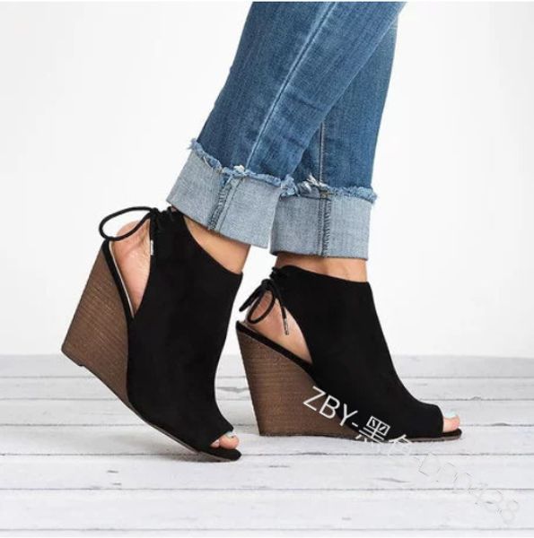 

shallow mouth comfort shoes for women high heel sandals strappy heels large size 2020 summer suit female beige wedge, Black