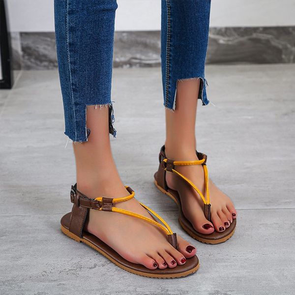 

women flip flop summer 2020 woman comfortable sandal ladies retro leather women's casual buckle flat female beach shoe plus size, Black