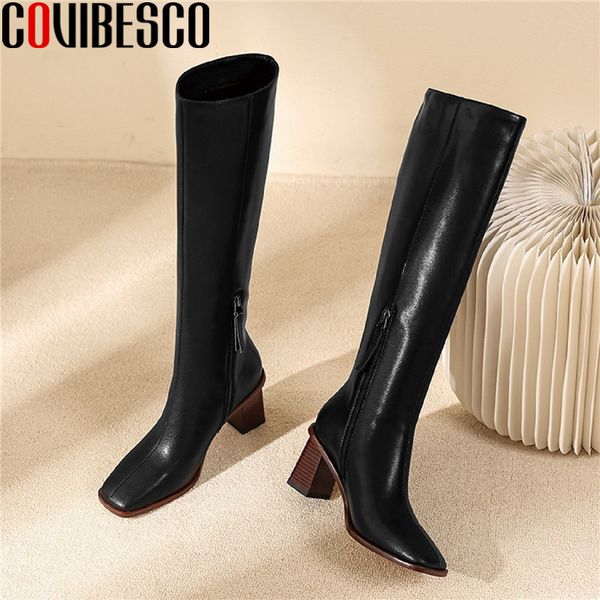 

covibesco 2020 autumn winter genuine leather knee high boots square toe high heels women pumps party casual shoes woman, Black