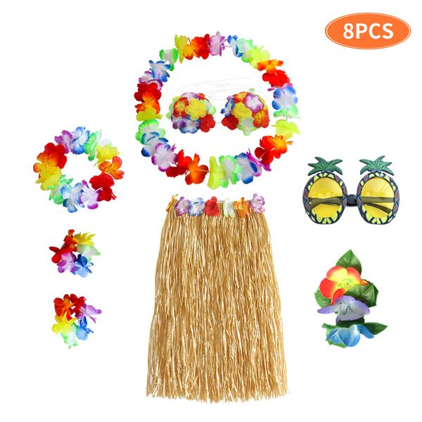 

8pcs costume party beach hawaiian skirt hula dance set flower glasses festival