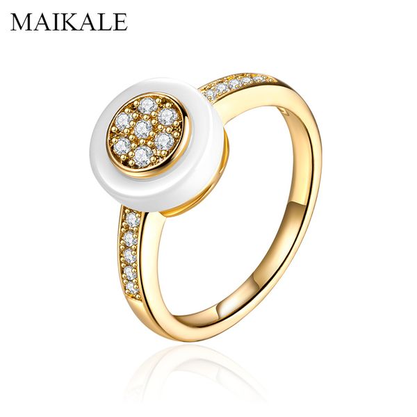 

maikale luxury cubic zirconia ring white ceramic circle gold color plated wedding band rings for women accessories party jewelry, Golden;silver