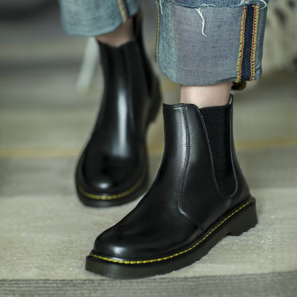 

boots fashion women's genuine leather round toe shoes handmade ankle, Black