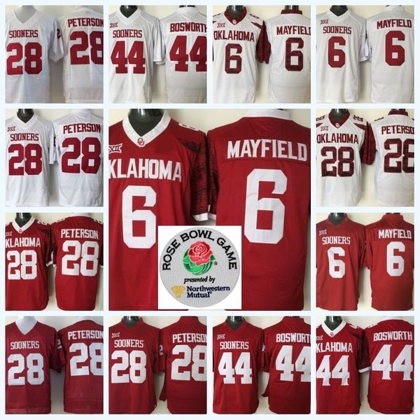 

6 baker mayfield oklahoma sooners 1 kyler murray 28 adrian peterson 44 brian bosworth 14 sam bradford ncaa college football jerseys, Black;red