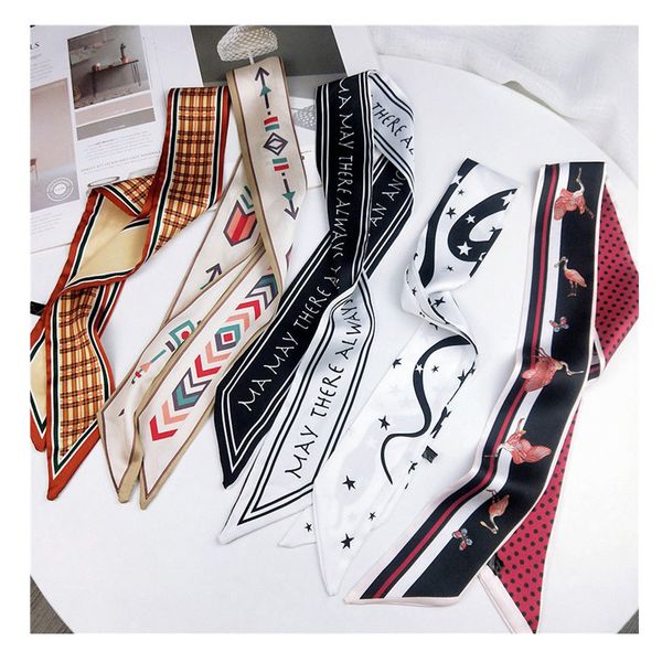 

2020 fashion women skinny scarf for hair printed silk satin neck scarfs 90*5cm wrist ribbons headband scarves for ladies summer, Blue;gray