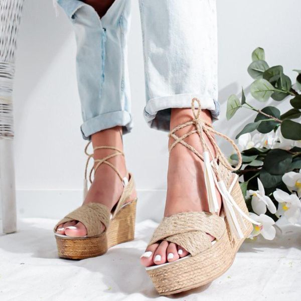 

women sandals ladies casual tassel lace up wedges high heels sandals female roman shoes plus size d#4, Black