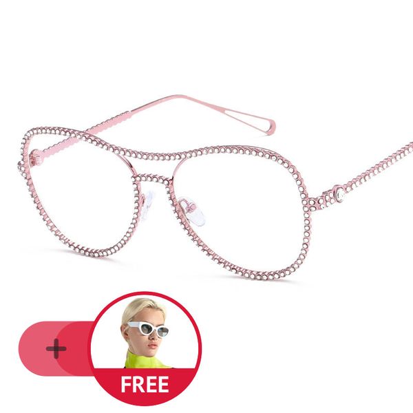

metal women pink crystal pilot optical glasses frame clear fashion transparent diamonds grade armacao de eyeglasses for women, Black