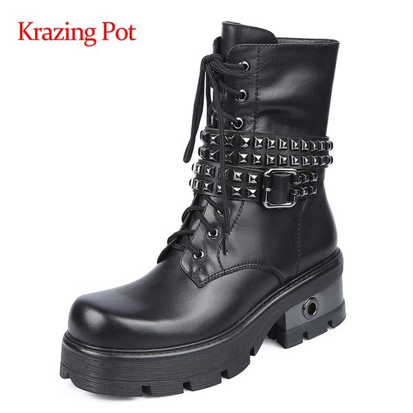 

krazing pot large size motorcycle boots genuine leather rivet decorations round toe thick high heel zipper punk ankle boots l08, Black